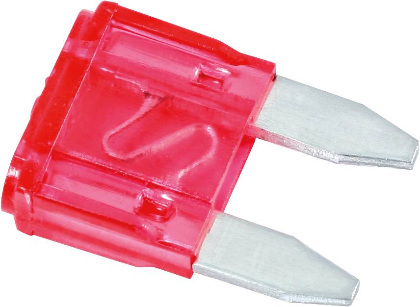 Automotive mini blade fuse with two metal contacts.