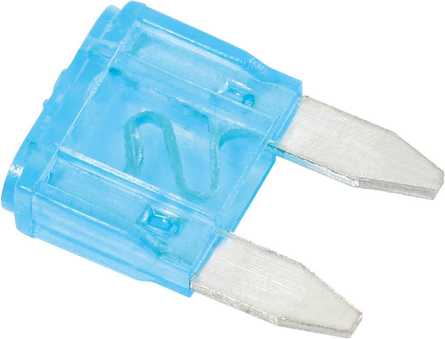 A blue automotive fuse with two metal contacts.