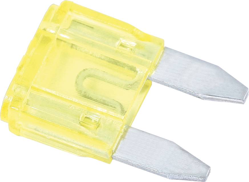 Yellow flat fuse with two metal pins, commonly used in vehicles, for protecting electrical systems against overcurrent.
