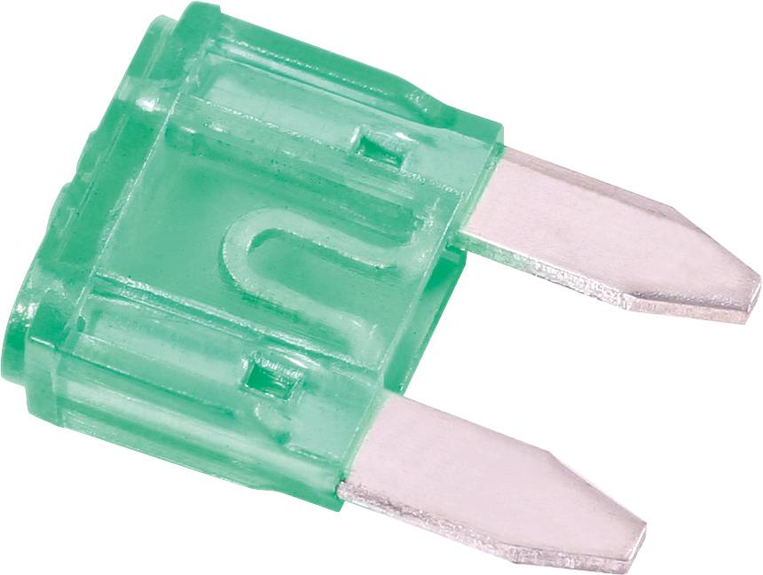 A green flat fuse with two metal contacts. It is used for overcurrent protection in electrical devices or vehicles.<br><br>Note: This translation uses standard British English terminology and maintains the technical precision of the original German text.