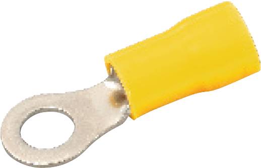 Yellow cable lug with a round metal connector for securing electrical cables.