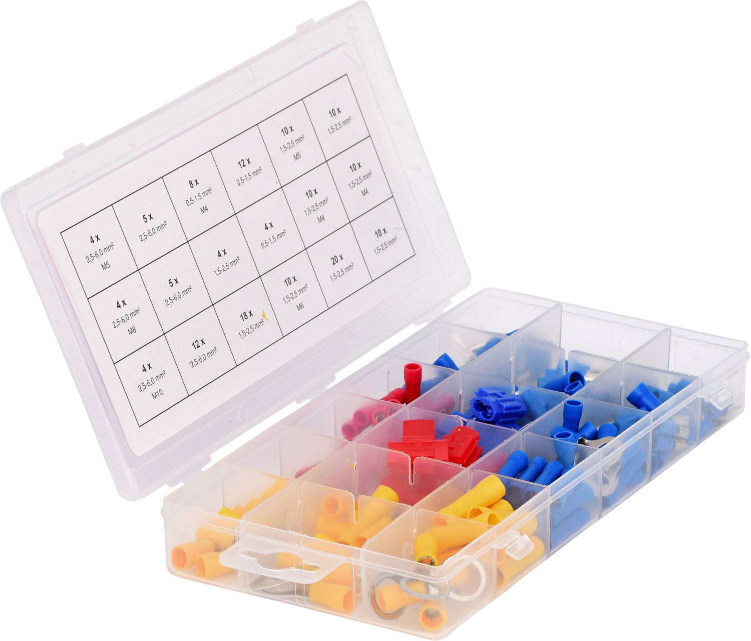 An open box with various coloured cable connectors in compartments: red, blue, yellow. Lid shows size overview.