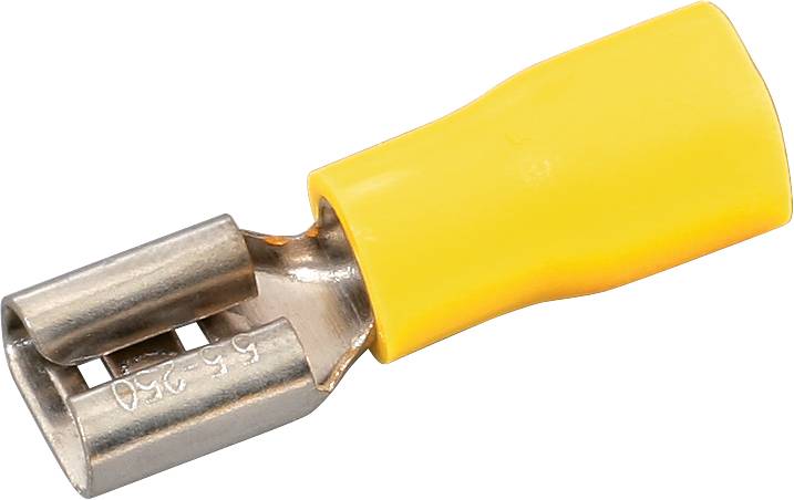A yellow cable lug with a metal plug, suitable for electrical connections.