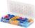 Plastic box containing various cable lugs in blue, red and yellow. Compartments labelled with sizes and quantities. Box is open.
