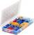 A transparent plastic organiser with various coloured cable shoes sorted in compartments, including red, blue, and yellow connectors.