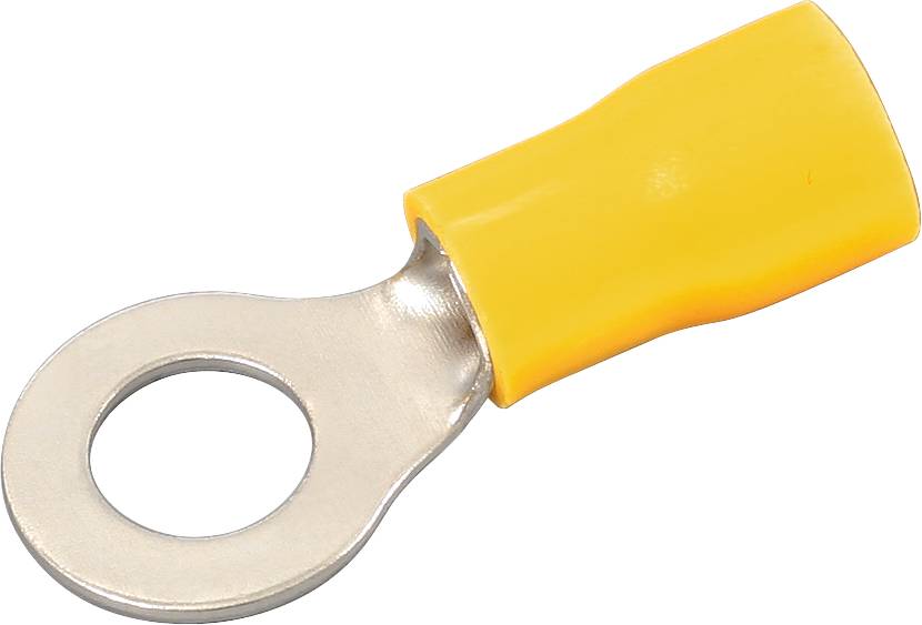 A yellow metal ring cable lug terminal. It has an opening for a screw to connect cables.