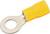 A yellow metal ring cable lug terminal. It has an opening for a screw to connect cables.