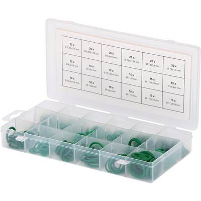 Clear storage box with compartments for green O-rings in various sizes, label lists size specifications for each type.