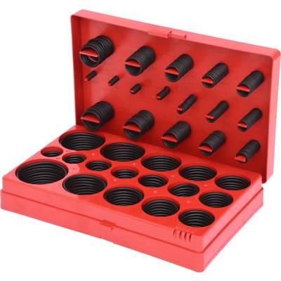 Red box containing various black O-rings in different sizes, arranged in rows and columns.
