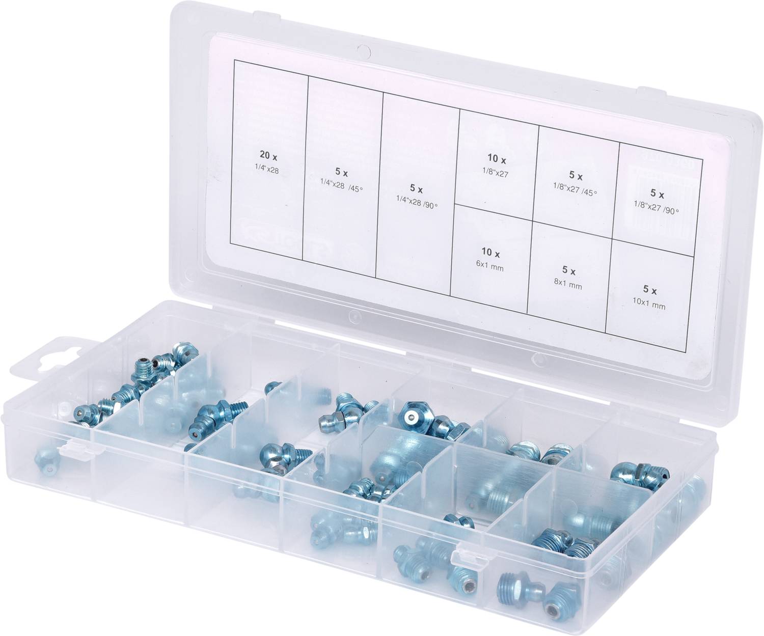 Plastic box with compartments, containing various metal screw nipples. Lid shows dimensions and quantities.