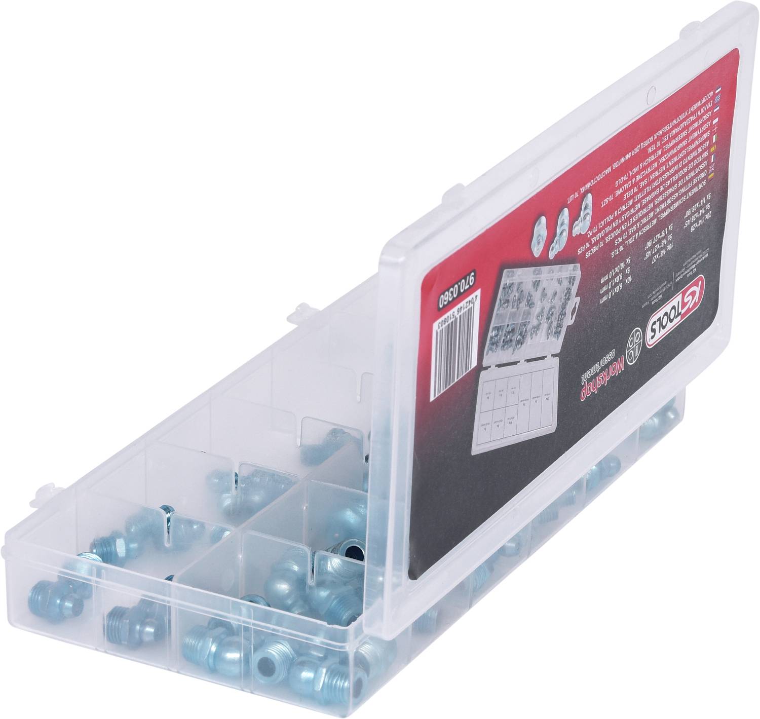 Plastic storage box with numerous blue metal connectors, partially open. Black and red label on the lid.