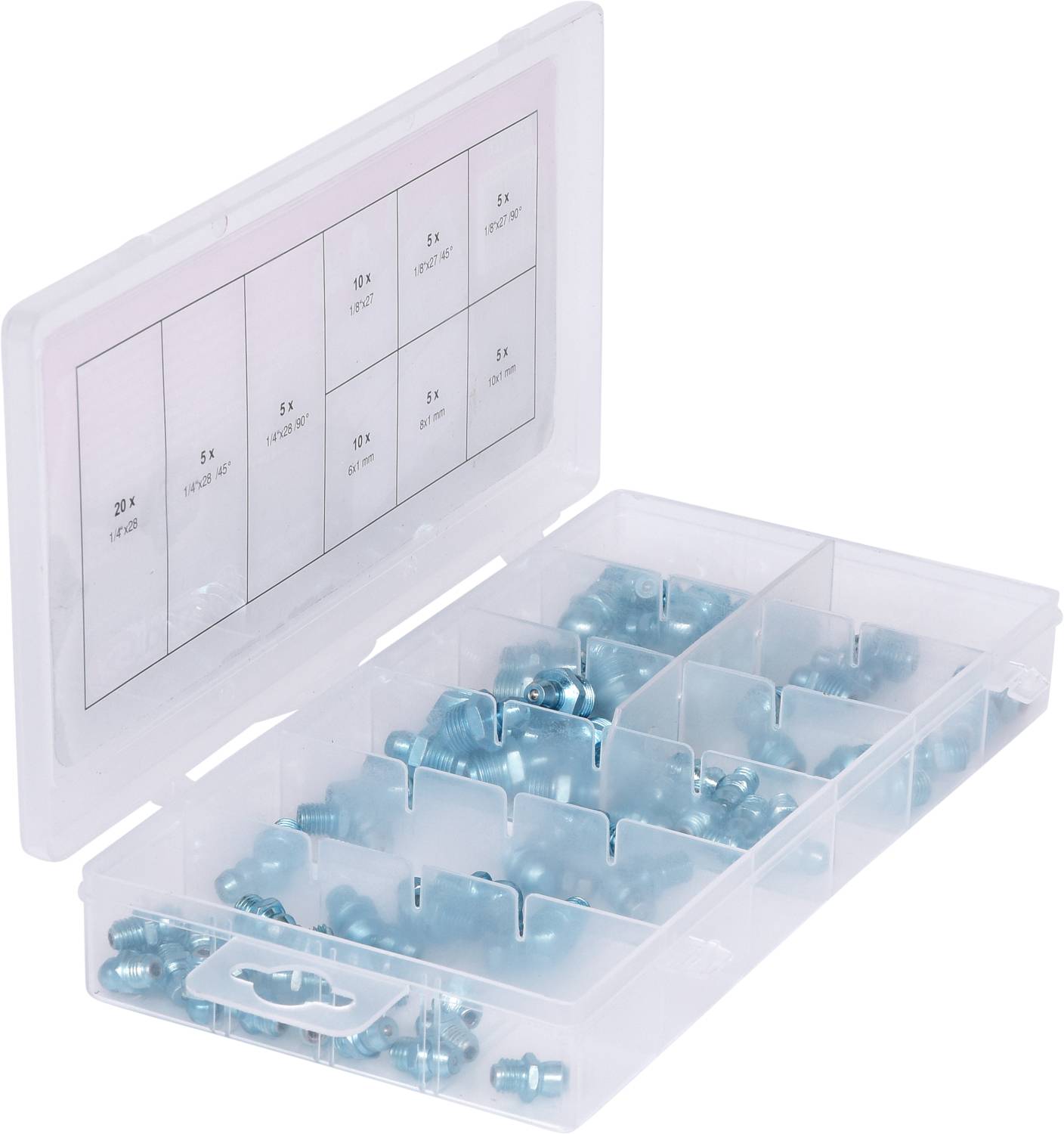 Opened plastic box with multiple compartments, containing blue screws in various sizes. A label on the inside of the lid shows the number of screws per compartment.