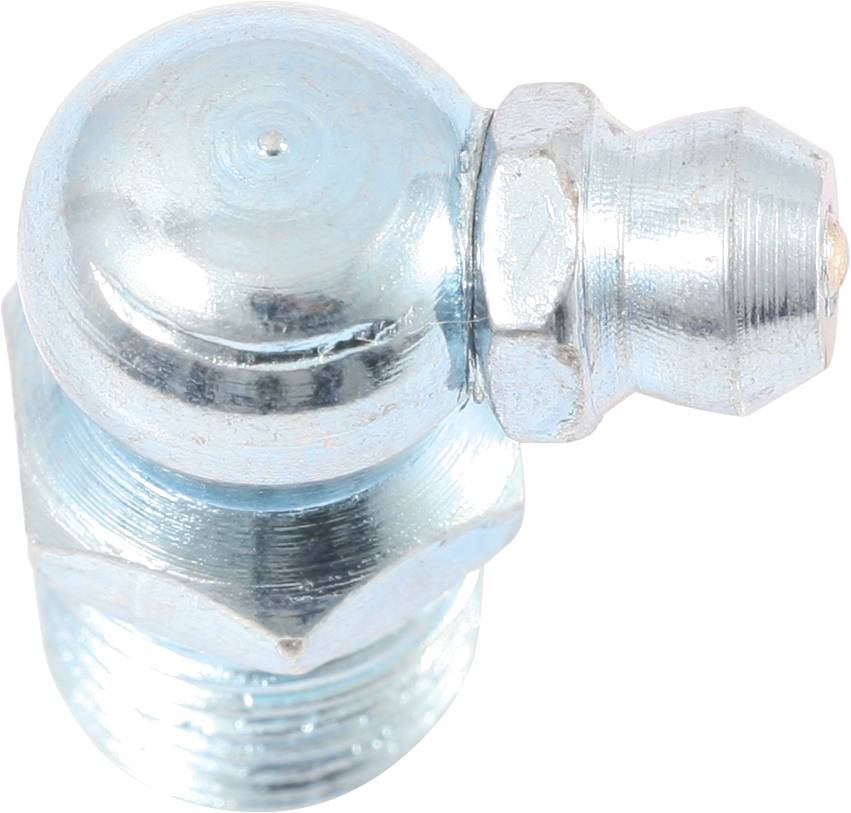 A galvanised grease nipple made of metal, which serves as a connection point for lubrication equipment. Primarily used in machinery and vehicles.