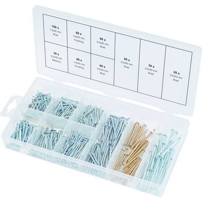 Plastic box with various nails in separate compartments. Labels on the lid indicate the sizes and types of nails.