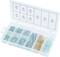 Plastic box with various nails in separate compartments. Labels on the lid indicate the sizes and types of nails.