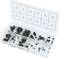 Plastic case with 20 compartments, filled with various black fixing screws. Upper lid displays size specifications in millimetres.