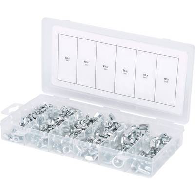 A transparent box with six compartments, filled with various types of nuts in different quantities, according to the labels on the lid.