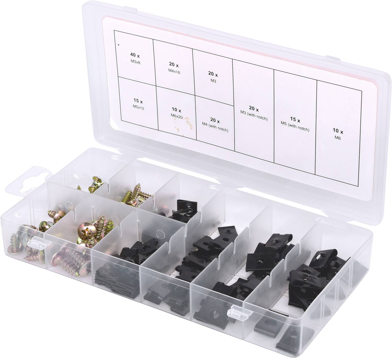 Storage box with screws and clips in various compartments. Label on the lid indicates quantities and sizes of contents.