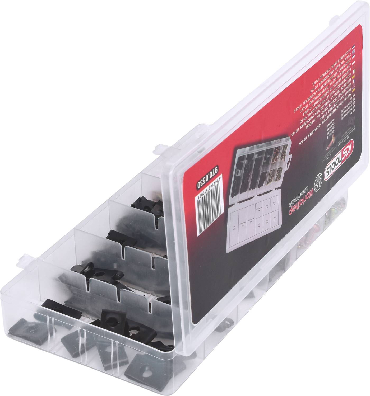 A transparent plastic case with multiple compartments contains various small, black metal clips. Packaging text: 'BGS' and '192 Bocks'.