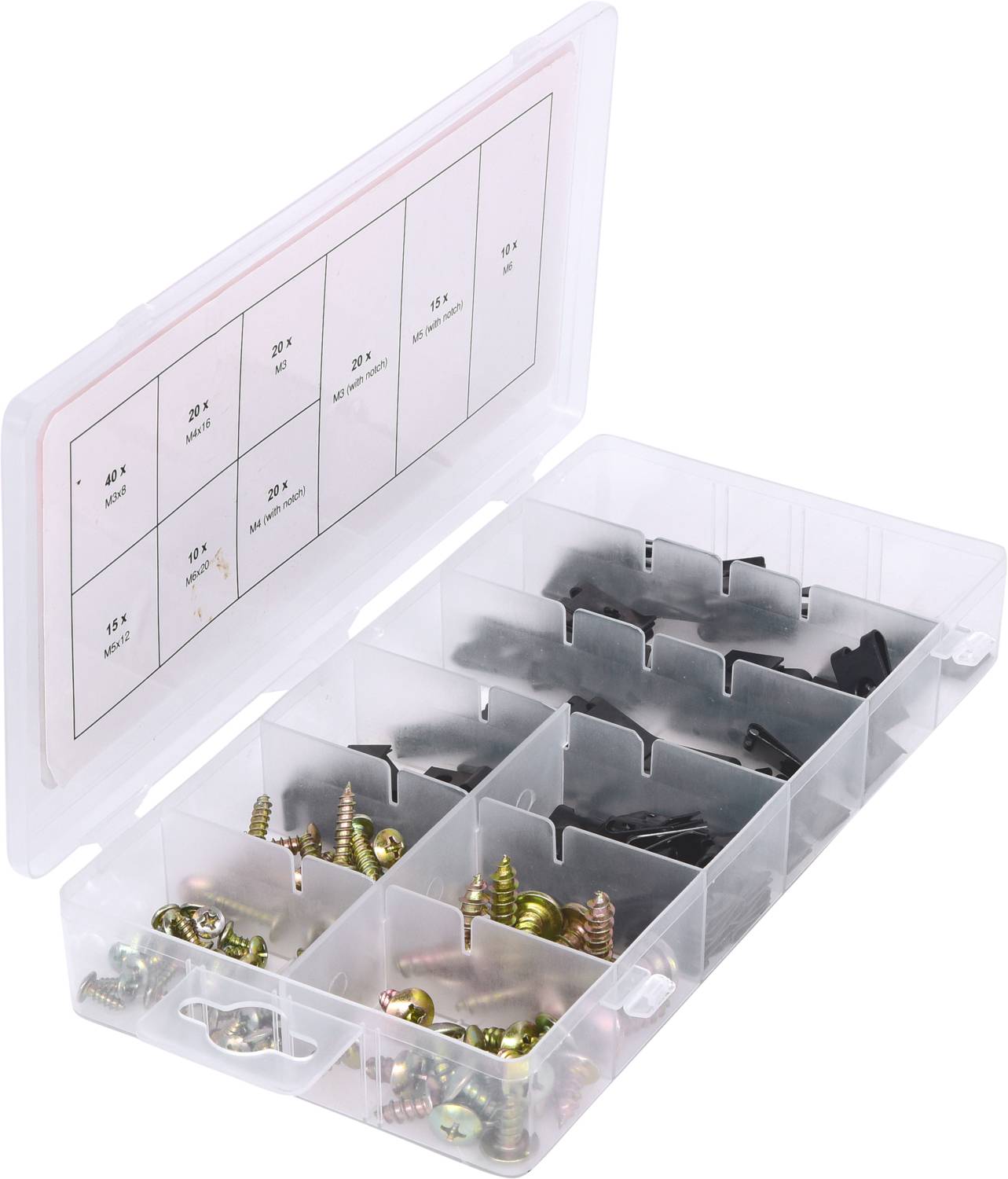 Box with compartments, filled with various screws and wall plugs. A note inside the lid provides quantity details for the different materials.
