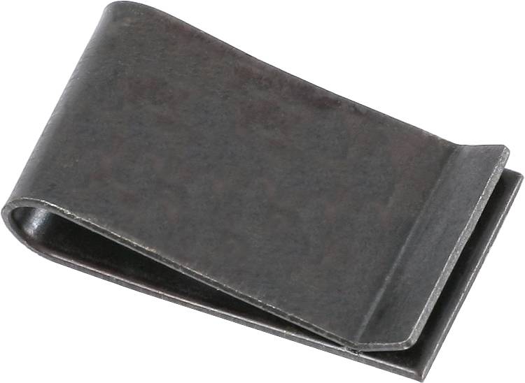 A simple, dark metal money clip against a white background.