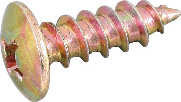 A gold-coloured cross-head screw with coarse thread, photographed at an angle from the side.