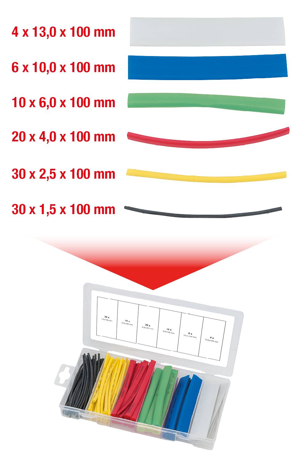 An assortment of heat-shrink tubing in various colours and sizes, displayed in an opened box with compartments labelled.