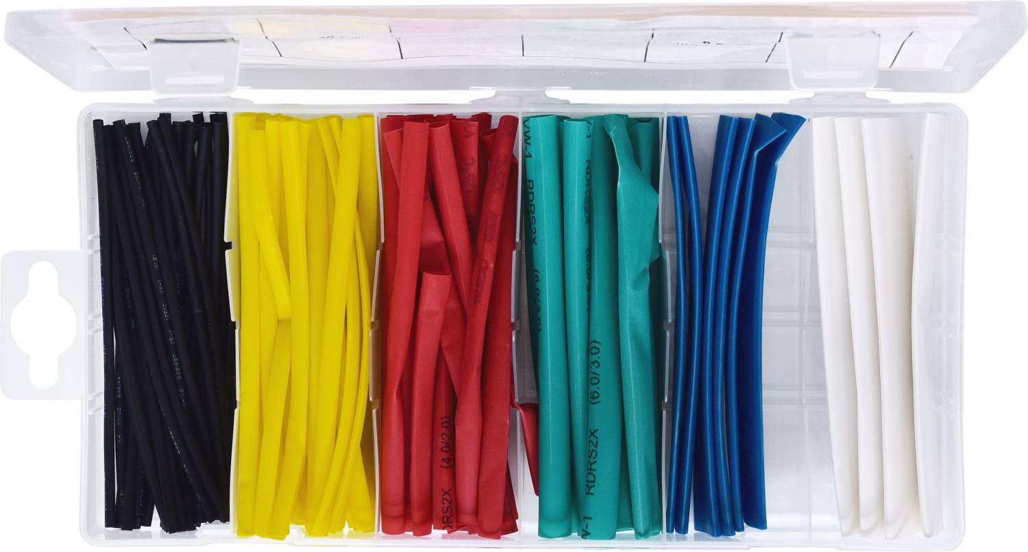 An open plastic box containing heat-shrink tubing in various colours, neatly sorted in black, yellow, red, green, blue, and white.