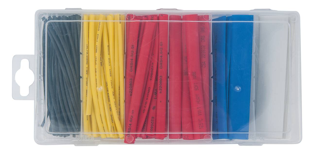 A transparent box containing heat shrink tube sets in five colours: Black, Yellow, Red, Blue, and White, organised in compartments.