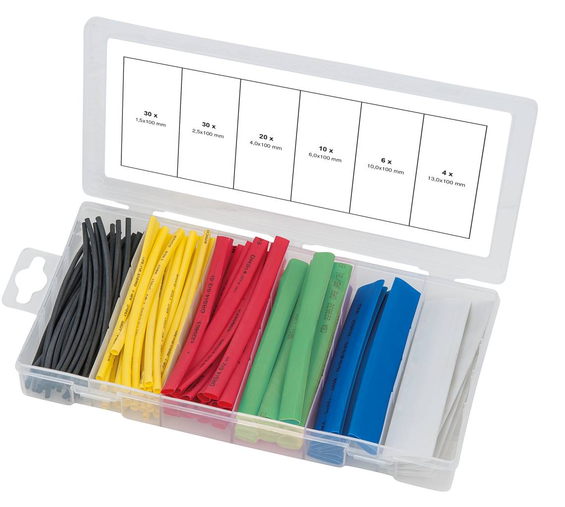 Plastic box with coloured heat-shrink tubing in various sizes: black, yellow, red, green, blue, white.