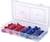 Plastic box with red and blue cable connectors in separate compartments, label shows '25 x 0.5-1 mm²' and '25 x 1.5-2.5 mm²'.