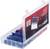 A transparent plastic box shows red and blue plastic connecting pieces. The box is partially open.