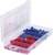 A transparent plastic box with red and blue connectors in separate compartments, opened, showing various shapes and sizes.