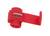 A red cable connector element used for connecting wires. It is made of plastic and metal.
