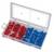 Opened plastic box with red and blue crimp connectors for electrical wiring. Two compartments for each colour are visible.