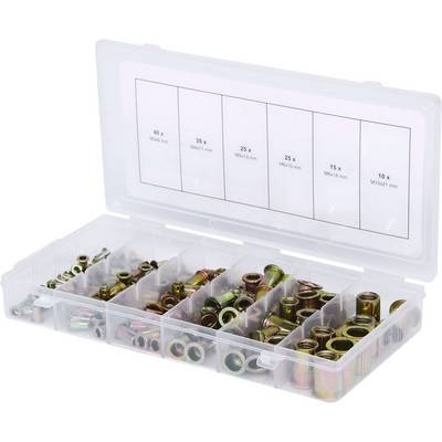A plastic storage box with compartments contains an assortment of metal nuts in various sizes, arranged according to their labels.