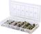 A plastic storage box with compartments contains an assortment of metal nuts in various sizes, arranged according to their labels.