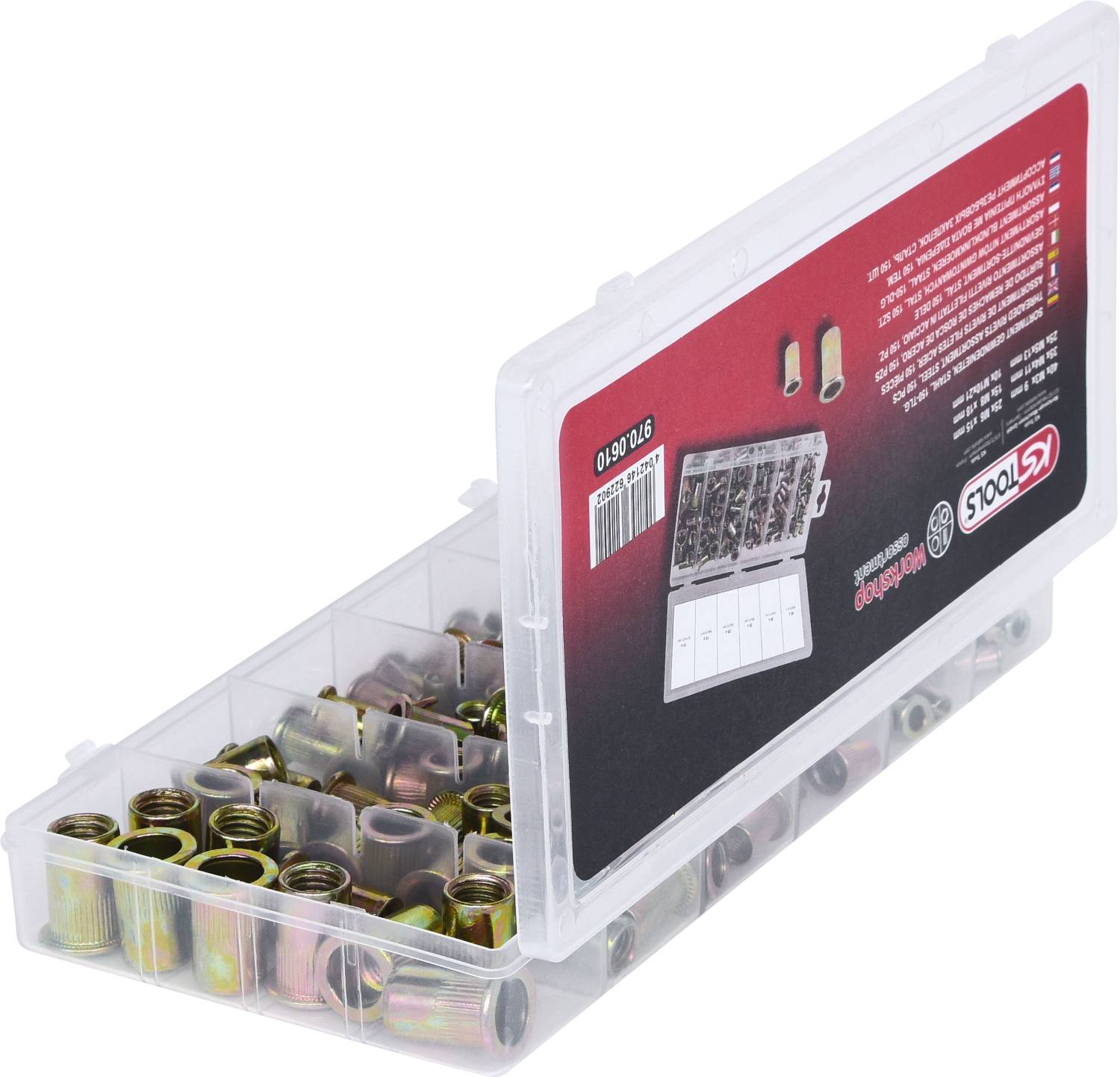 An open plastic box containing numerous gold-coloured threaded inserts. The lid features a description and an image of the set.