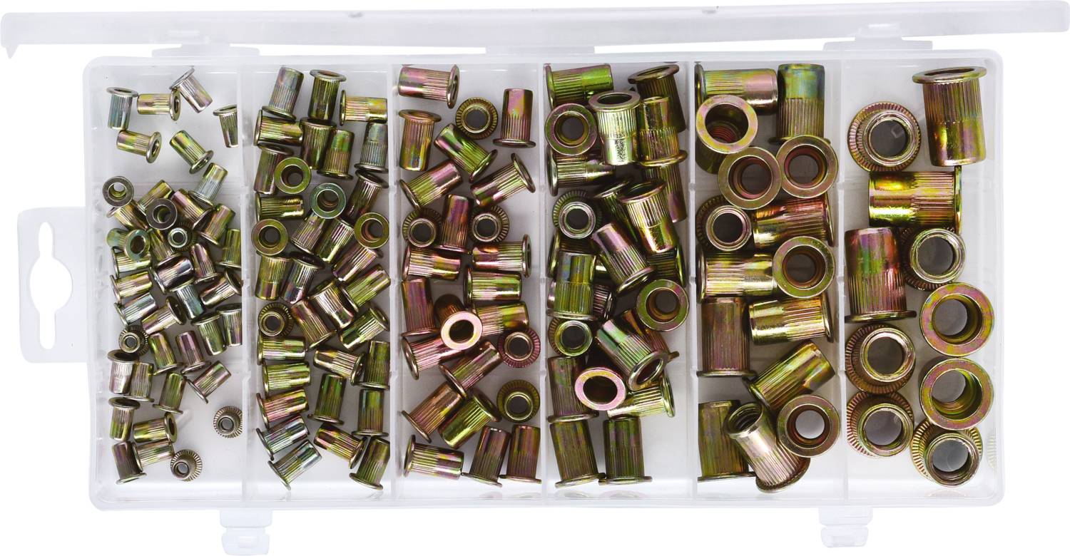 An open plastic storage box with five compartments filled with various metal nuts in different sizes and colours.