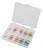 A plastic storage box with multiple compartments, filled with small metal rings in various colours.