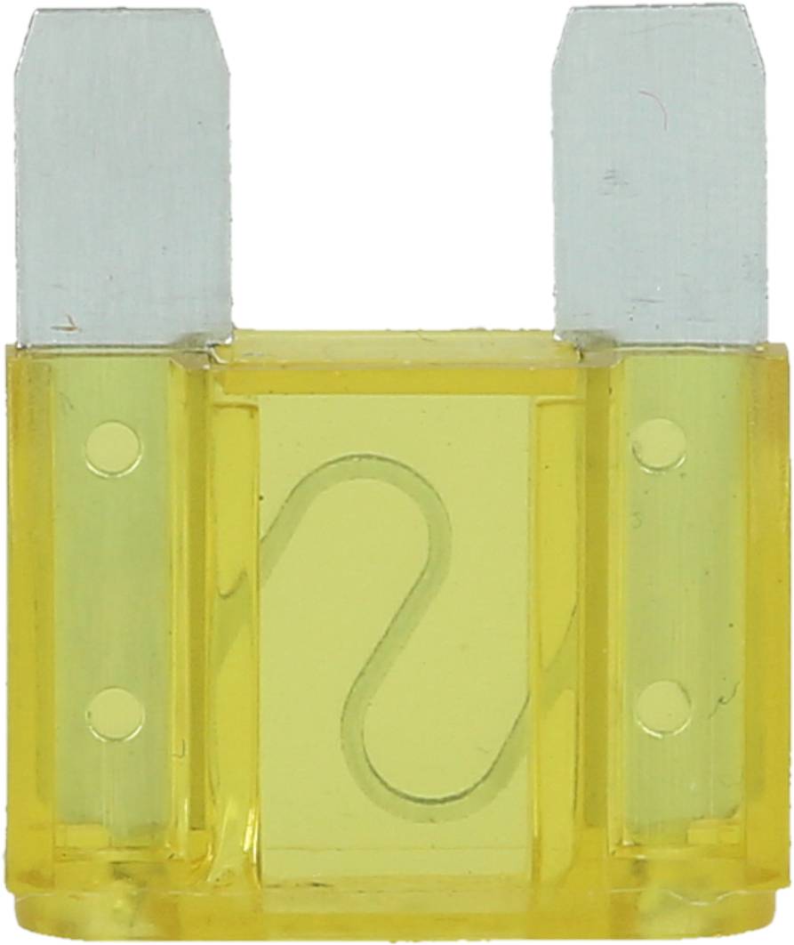 Yellow flat fuse in close-up, with two silver contacts at the top. Used in electrical systems to protect against overcurrent.
