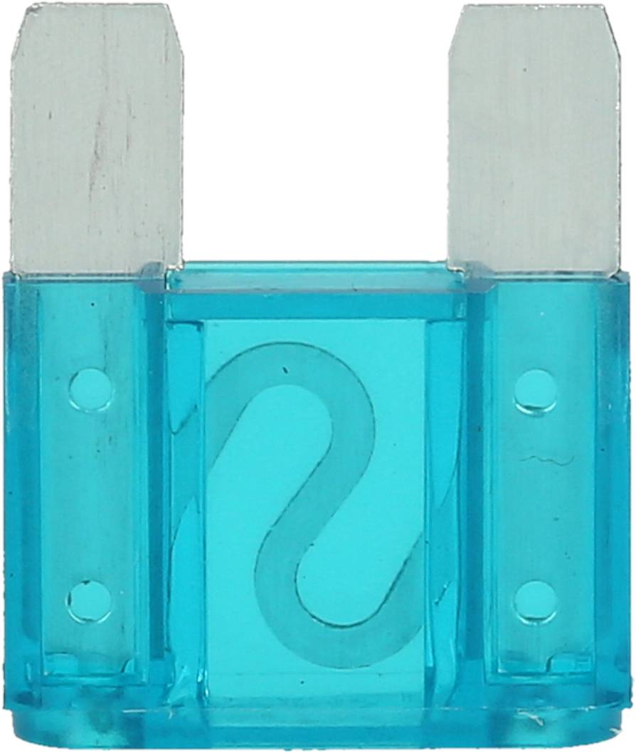 A blue glass fuse with two metal contacts used for electrical protection systems.