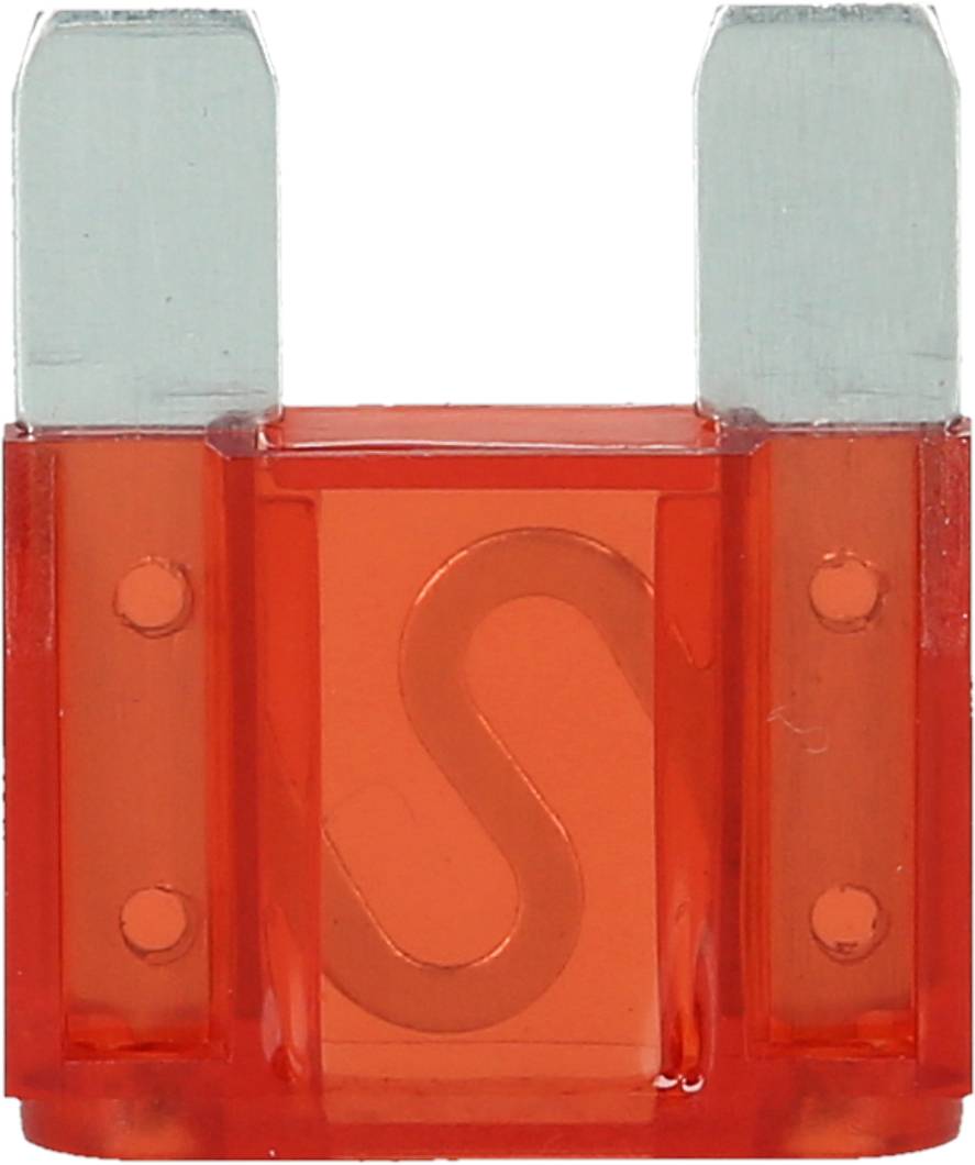 Red flat fuse with transparent plastic cover and visible metal contact, commonly used in vehicles.