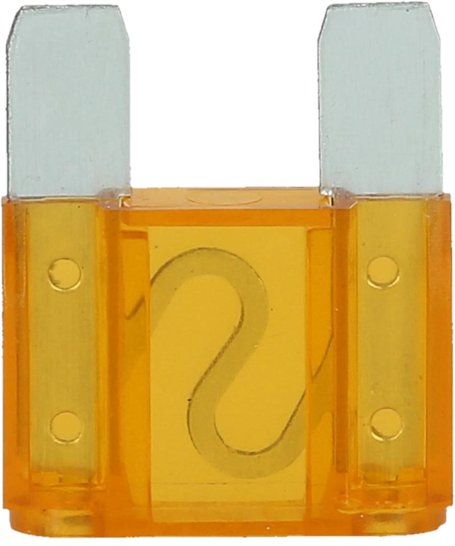 A yellow flat fuse with a transparent casing that protects electrical circuits from overloading.