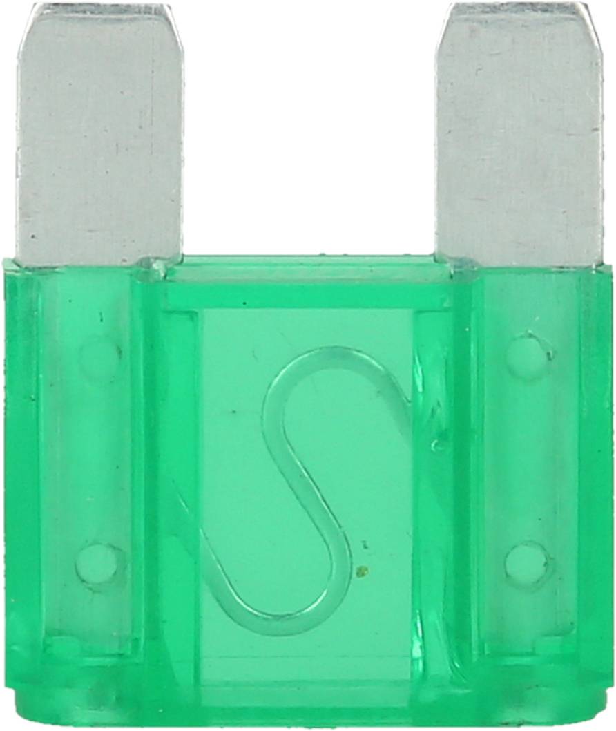 Green flat fuse with two metal contacts, typically used in automotive applications for overcurrent protection.