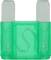 Green flat fuse with two metal contacts, typically used in automotive applications for overcurrent protection.