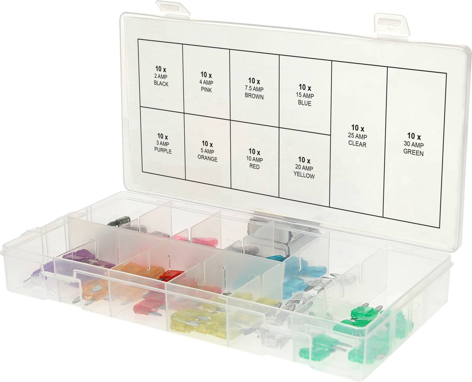A transparent case with compartments, filled with coloured, labelled fuses. The lid shows the number and amperage of the fuses.