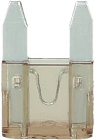 A transparent, brown automotive fuse plug, with two metal contacts. Used in vehicles for electrical circuit protection.