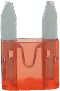 A red automotive fuse with two metal contacts on the top surface, used to protect vehicle electrical systems.