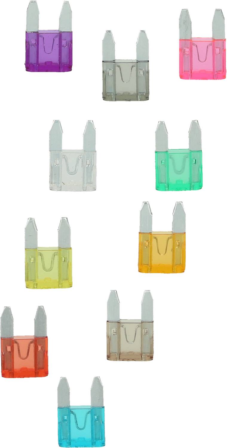 Lined up colourful flat fuses in various colours, primarily intended for use in the automotive sector.
